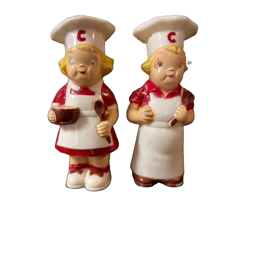 Vintage Campbell's Soup Kids Chef Salt Pepper Shakers Plastic Red White 4.5"